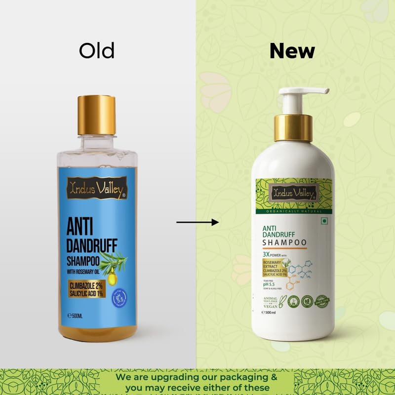 Comparison of old and new packaging of Indus Valley Anti Dandruff Shampoo on a green and white background.