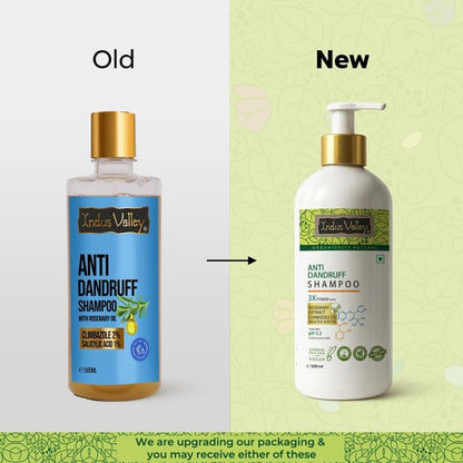 Comparison of old and new packaging of Indus Valley Anti Dandruff Shampoo on a green and white background.