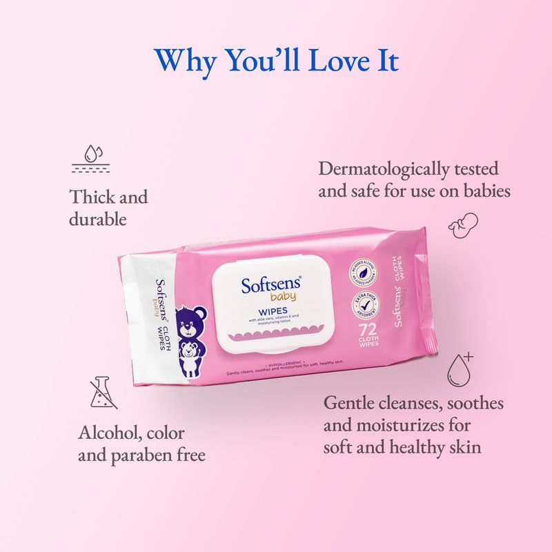 Softsens Baby Gentle Cloth Wipes for Baby Skin Enriched with Aloe Vera & Vitamin E I Dermatologically Tested & Parben Free with Lid - 72 wipes