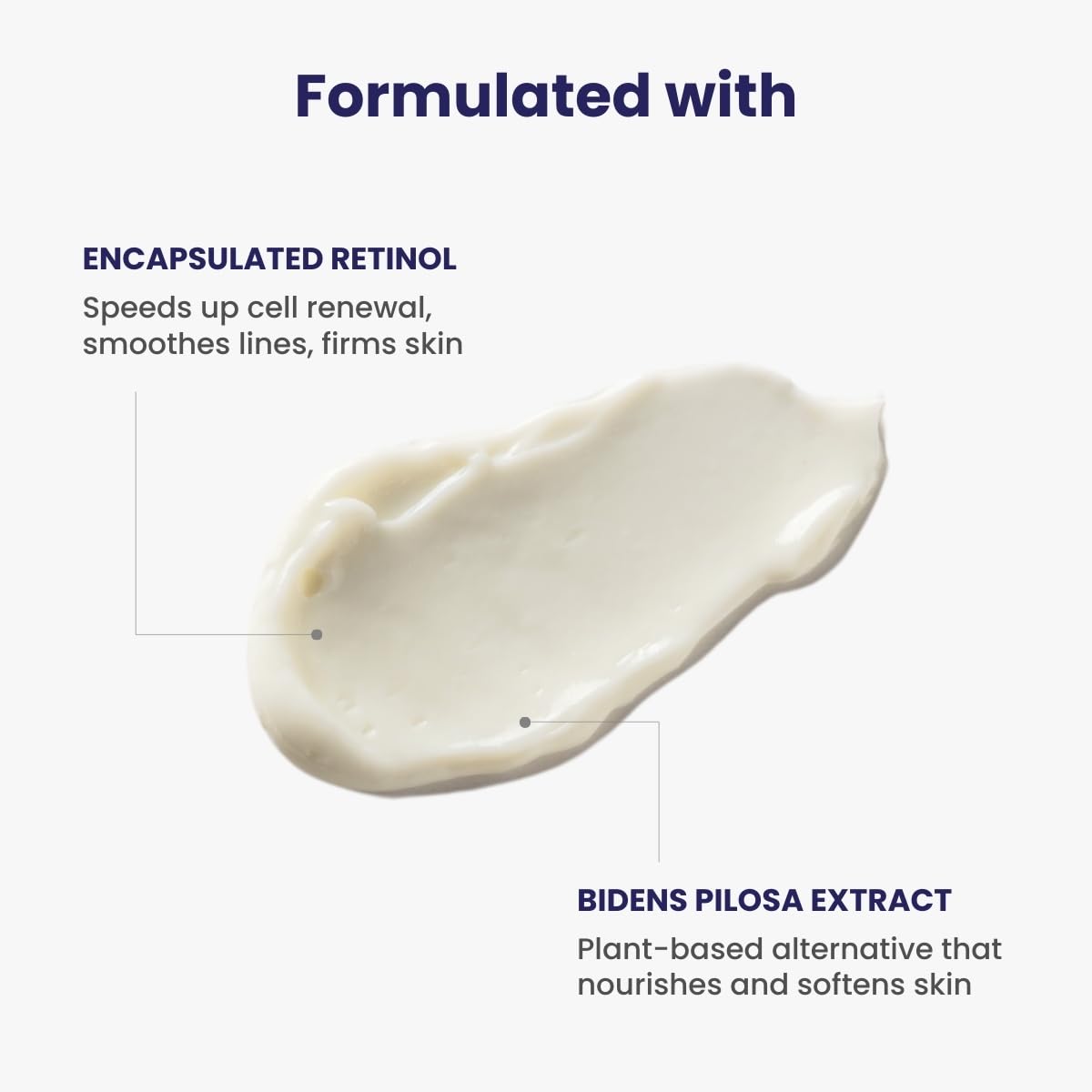 Product swatch with text about encapsulated retinol and Bidens Pilosa extract on a white background