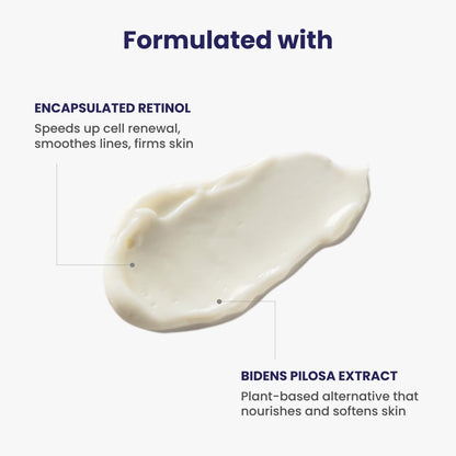 Product swatch with text about encapsulated retinol and Bidens Pilosa extract on a white background