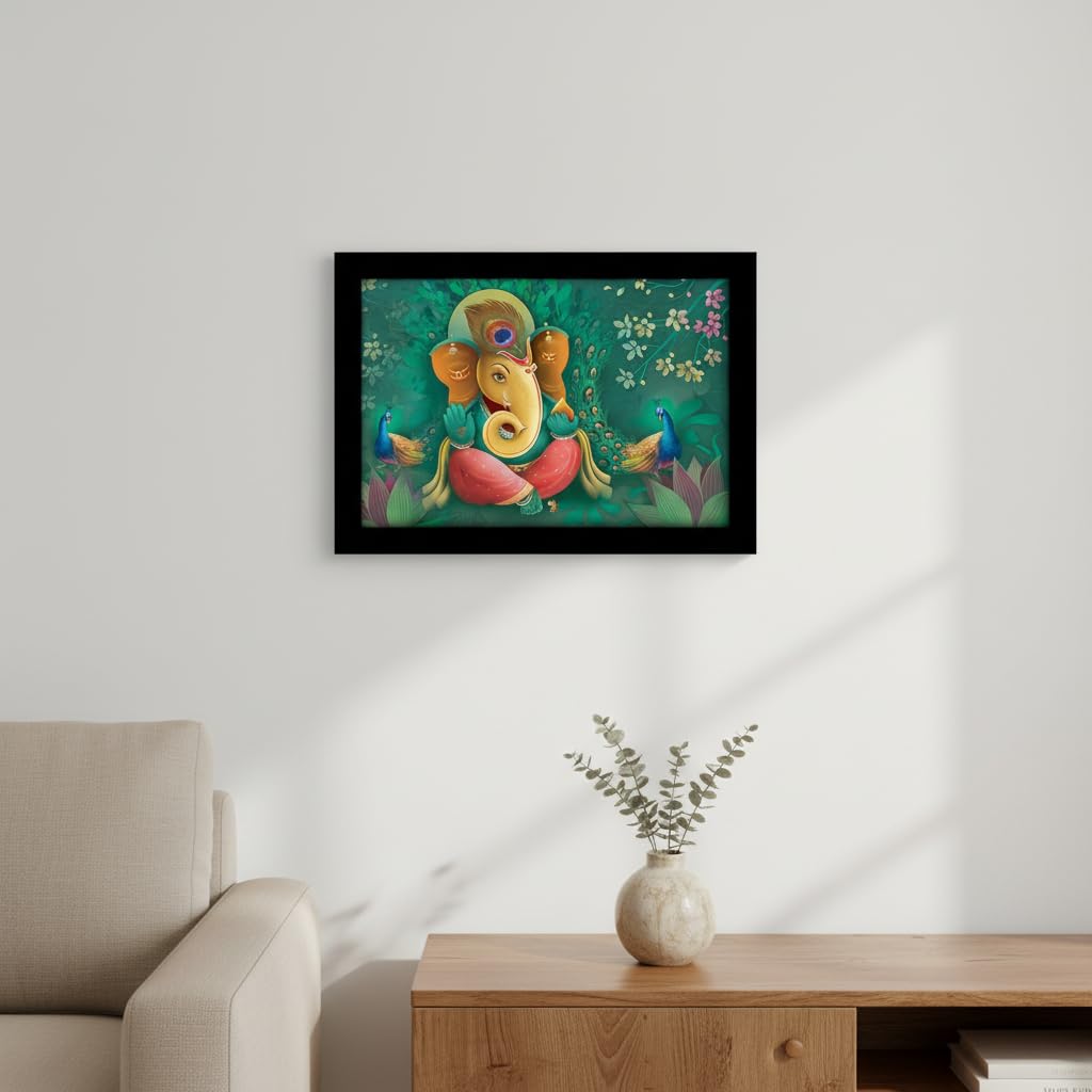 Wood Religious Ganesha Art Framed Ready to Hang Painting (Multicolour, 12inch x 18 inch)