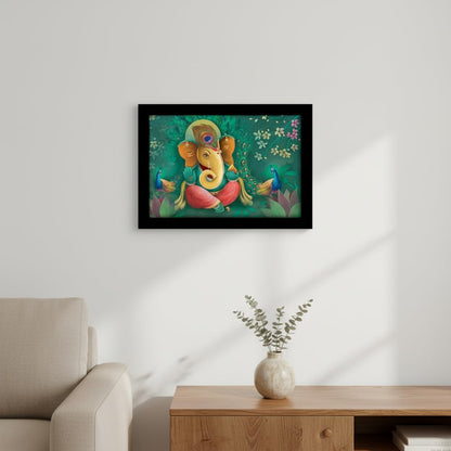 Wood Religious Ganesha Art Framed Ready to Hang Painting (Multicolour, 12inch x 18 inch)