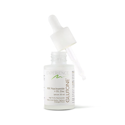Skincare serum bottle with dropper on a white background