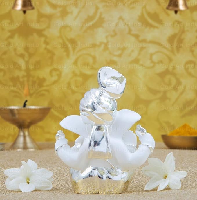 Gold Art India Silver Plated Pagdi Ganesh Idol for Car Dashboard Ganesha Murti Ganpati Idol for Home Decor Puja Lord Ganesh Statue Gift for Office Desk Ganpati Idol for Pooja Room White Figurine