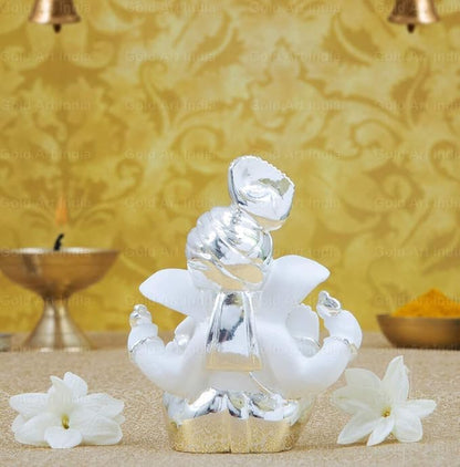 Gold Art India Silver Plated Pagdi Ganesh Idol for Car Dashboard Ganesha Murti Ganpati Idol for Home Decor Puja Lord Ganesh Statue Gift for Office Desk Ganpati Idol for Pooja Room White Figurine