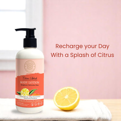 Body lotion bottle with a lemon and text on a pink background