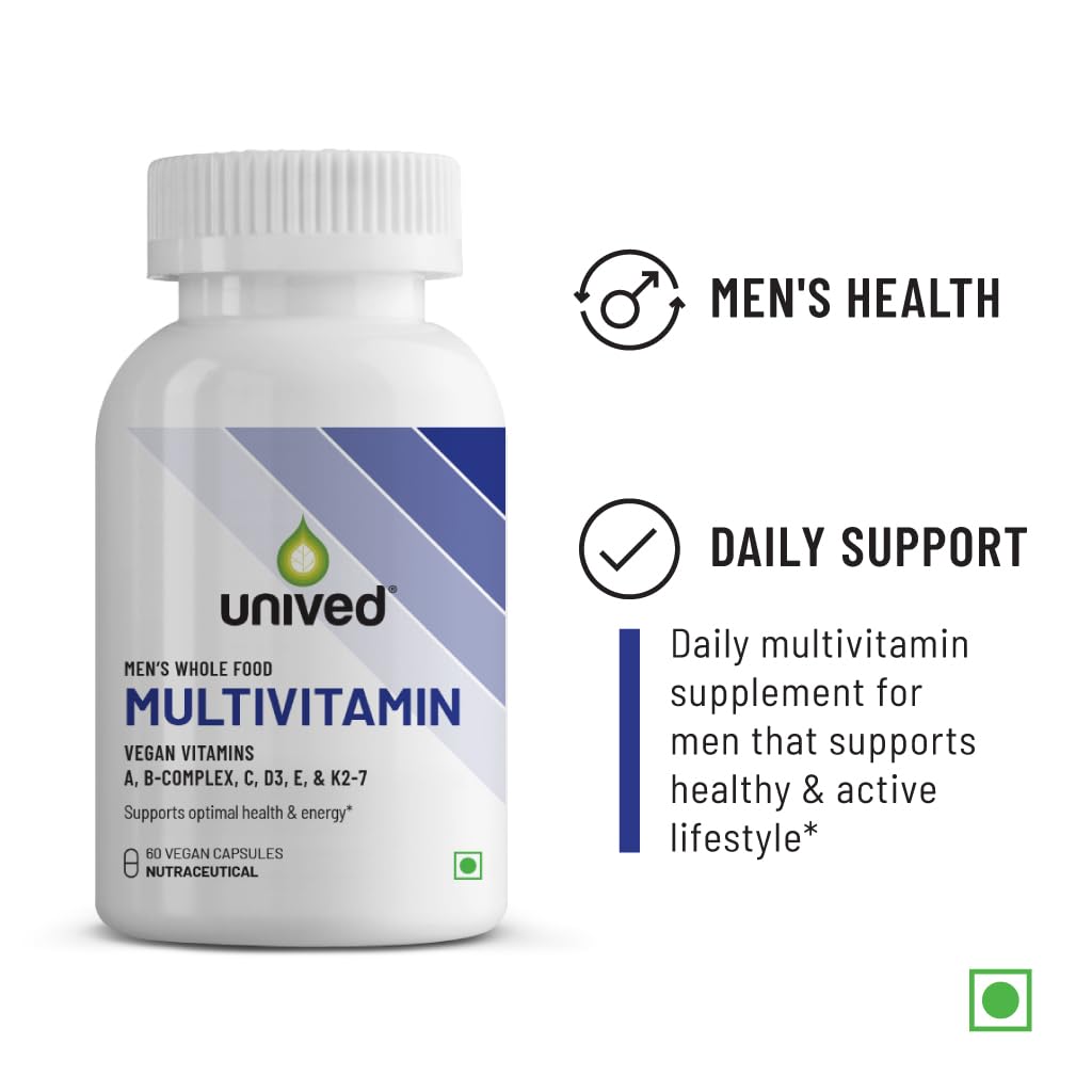 Zephivo Unived Wholefood Multivitamin for Men | Vegan Plant-Based Multivitamins A, B-Complex, C, D3, E, & K2-7 | 100% Natural, Wholefood Plant Based, & Vegan | 60 Capsules
