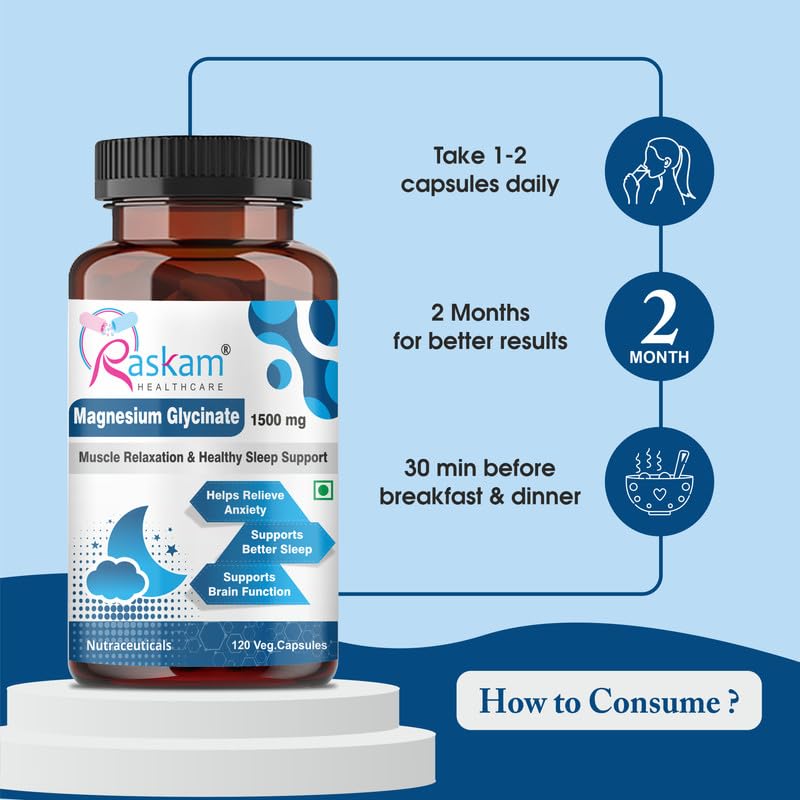 Raskam Magnesium Glycinate supplement bottle with usage instructions on a blue background