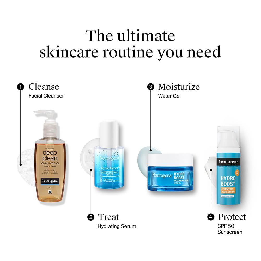 Neutrogena skincare products with labeled steps for a skincare routine on a white background.