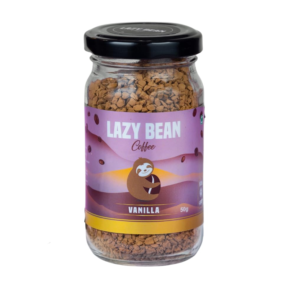 Lazy Bean Vanilla Flavoured - Premium Instant Coffee Powder 50 g | Strong Black Coffee, Rich Aroma, Quick-Dissolving Granules | Ready in Seconds for Hot or Iced Brews at Home, Office, Travel
