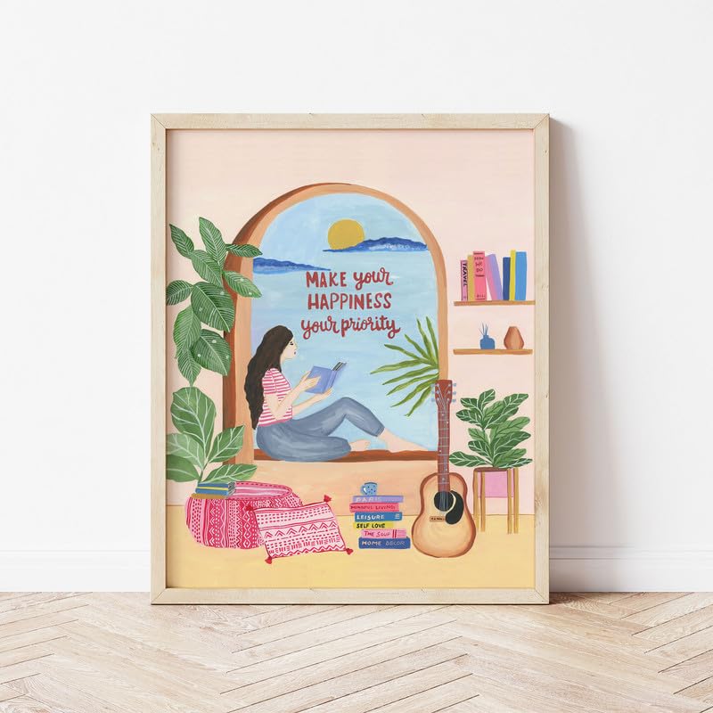 Make Your Happiness Your Priority Wall Painting| Modern Art Painting For Living Room Bed Room And Office | 11 X 14 Inches (Natural Frame)