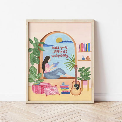Make Your Happiness Your Priority Wall Painting| Modern Art Painting For Living Room Bed Room And Office | 11 X 14 Inches (Natural Frame)