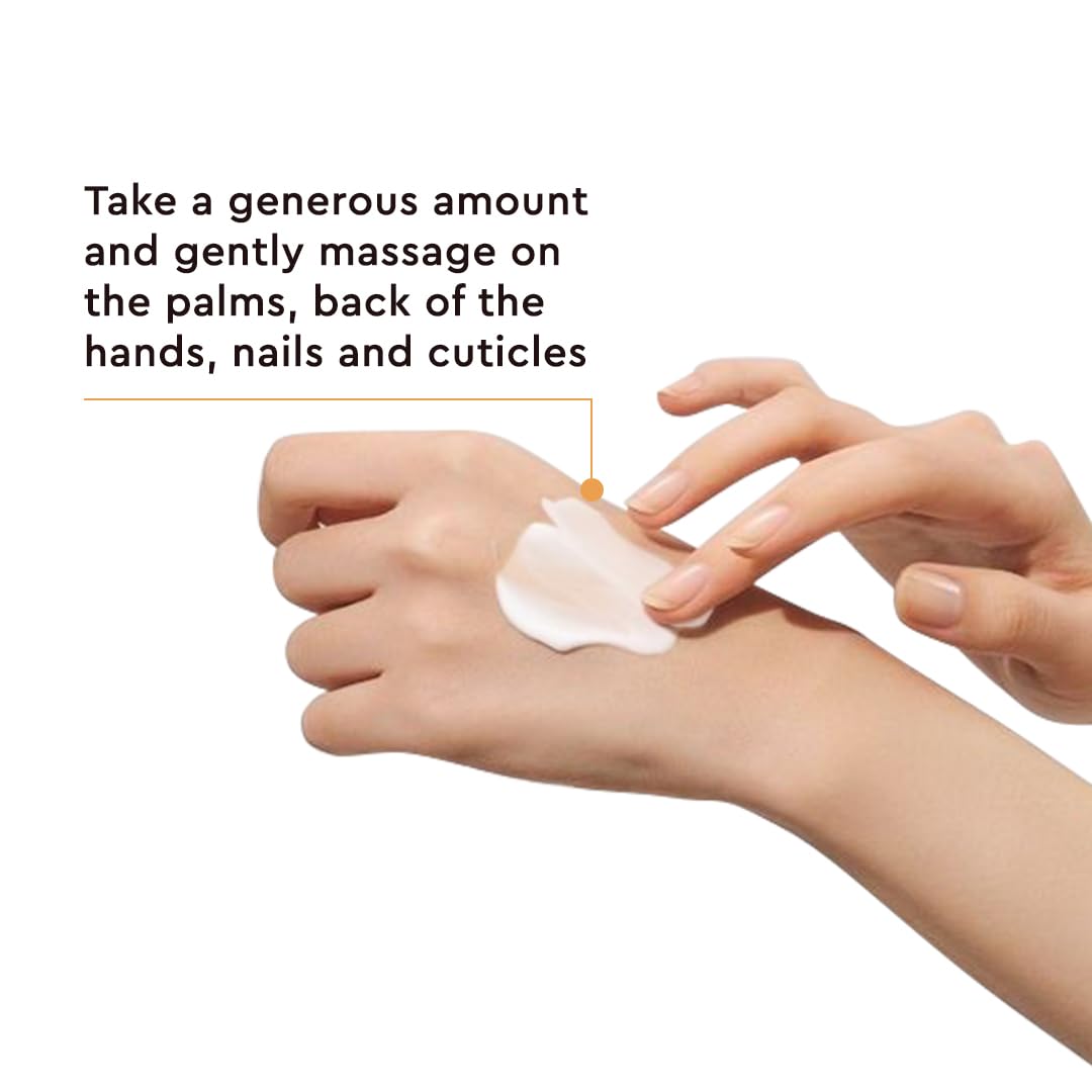 Hand applying cream to another hand with text on a white background