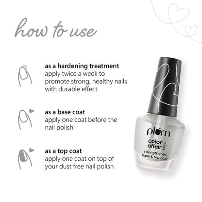Plum Glossy Finish Color Affair 3-in-1 Strengthener Base & Top Coat | 7-Free Formula with AHA & Avocado Oil | 100% Vegan & Cruelty-Free Nail Care | 11ml