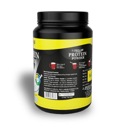 Black and yellow protein powder container with branding on a white background