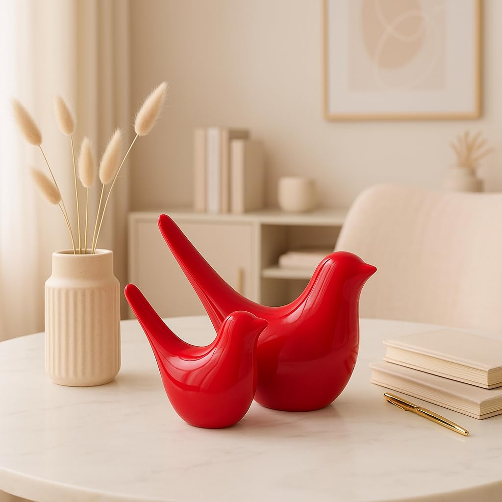 Creative Red Glossy Ceramic Birds Figurines Home Decorations Accessories Party (Pack of 2, RED)