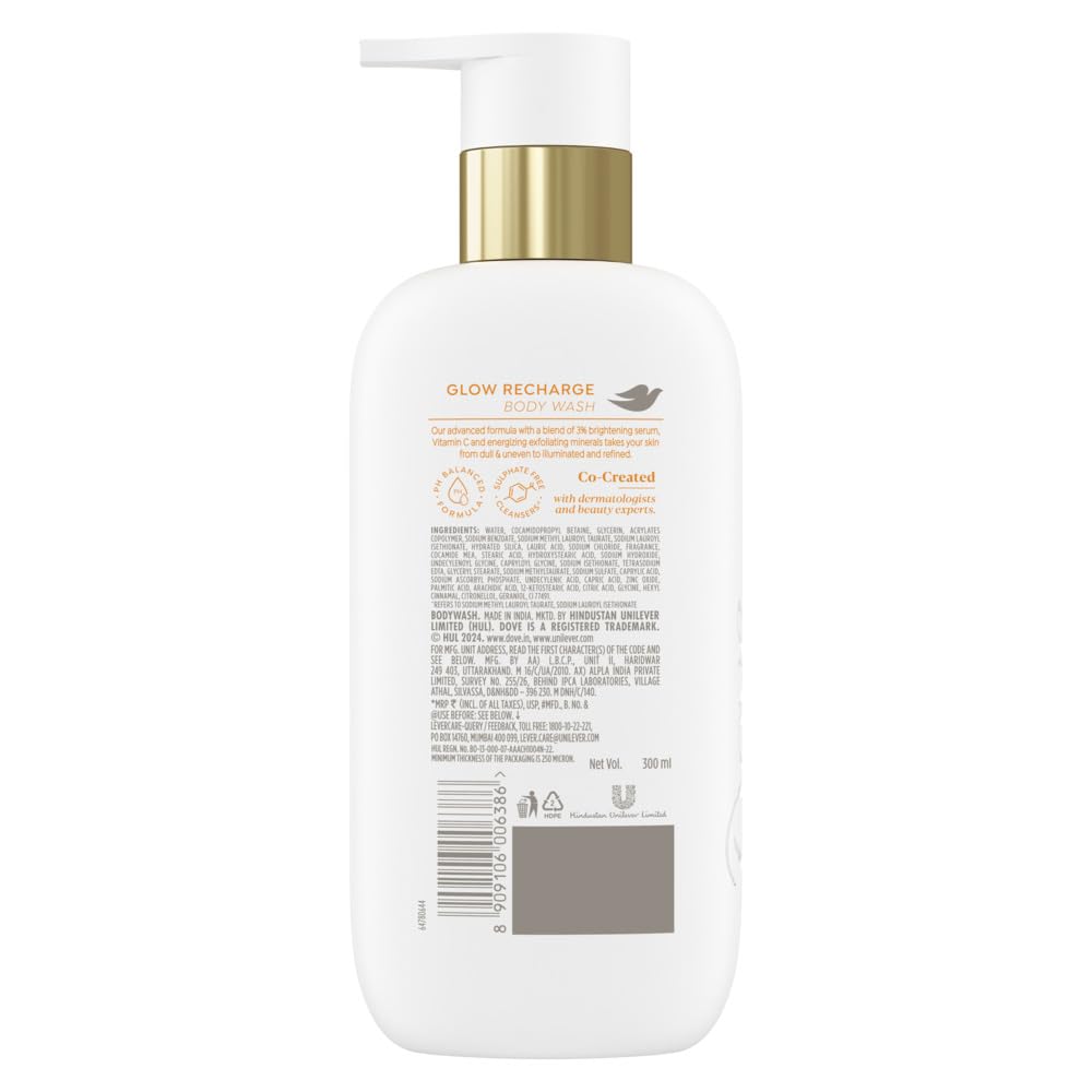 DOVE Glow Recharge Serum Body Wash, 300 ml, for Glowing and Refined Skin, with 3% Brightening Serum and Vitamin C, Dermatologist Co-Created, Sulfate-Free