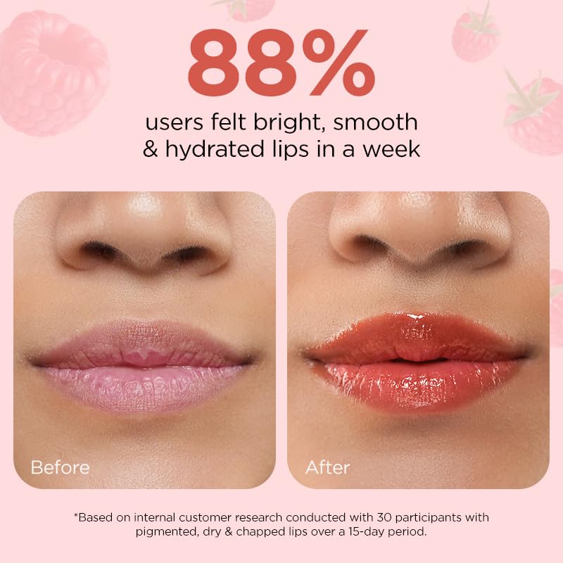 Before and after comparison of lips with a pink background and text about user feedback.