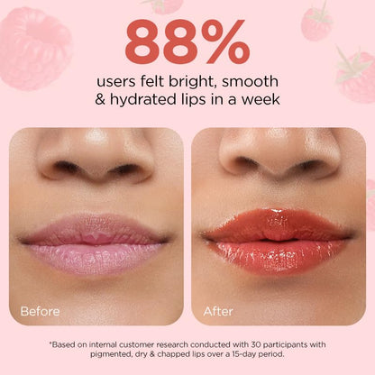 Before and after comparison of lips with a pink background and text about user feedback.