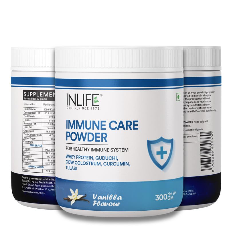 INLIFE Immune Care Powder | Whey Protein with Ayurvedic Herbs | Turmeric Curcumin, Guduchi, Tulasi, Colostrum | Nutritional Supplement for Men and Women - 300g (Vanilla)