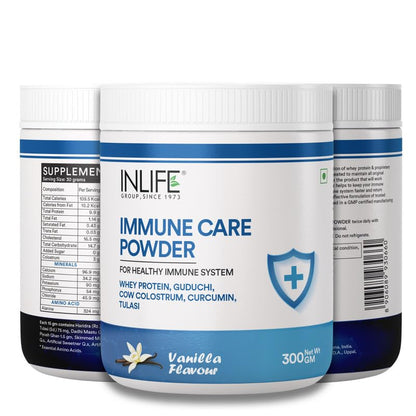 INLIFE Immune Care Powder | Whey Protein with Ayurvedic Herbs | Turmeric Curcumin, Guduchi, Tulasi, Colostrum | Nutritional Supplement for Men and Women - 300g (Vanilla)