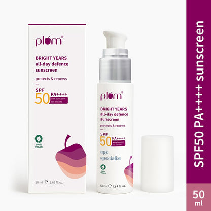 Plum Bright Years All Day Defence Cream SPF 50 PA+++| Sun Protection | For Ageing Skin | 100% Vegan, Cruelty Free | 50ml