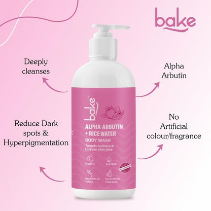 BAKE Alpha Arbutin Body Wash for Dark Spots & Uneven Skin Tone With Rice Water | Brightens Skin & Reduces Pigmentation | For Women & Men | 250ml