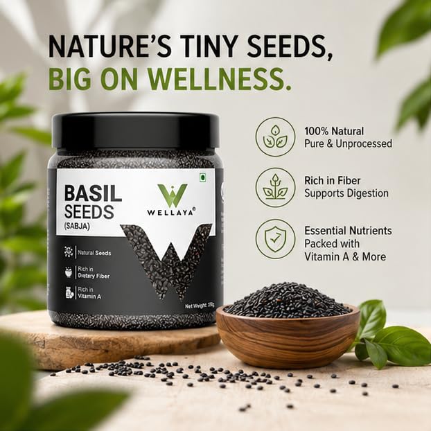 WELLAYA Basil Seeds - 350gm | High Fibre Tukmaria Seeds for Eating | Sabja Seed | Weight Management