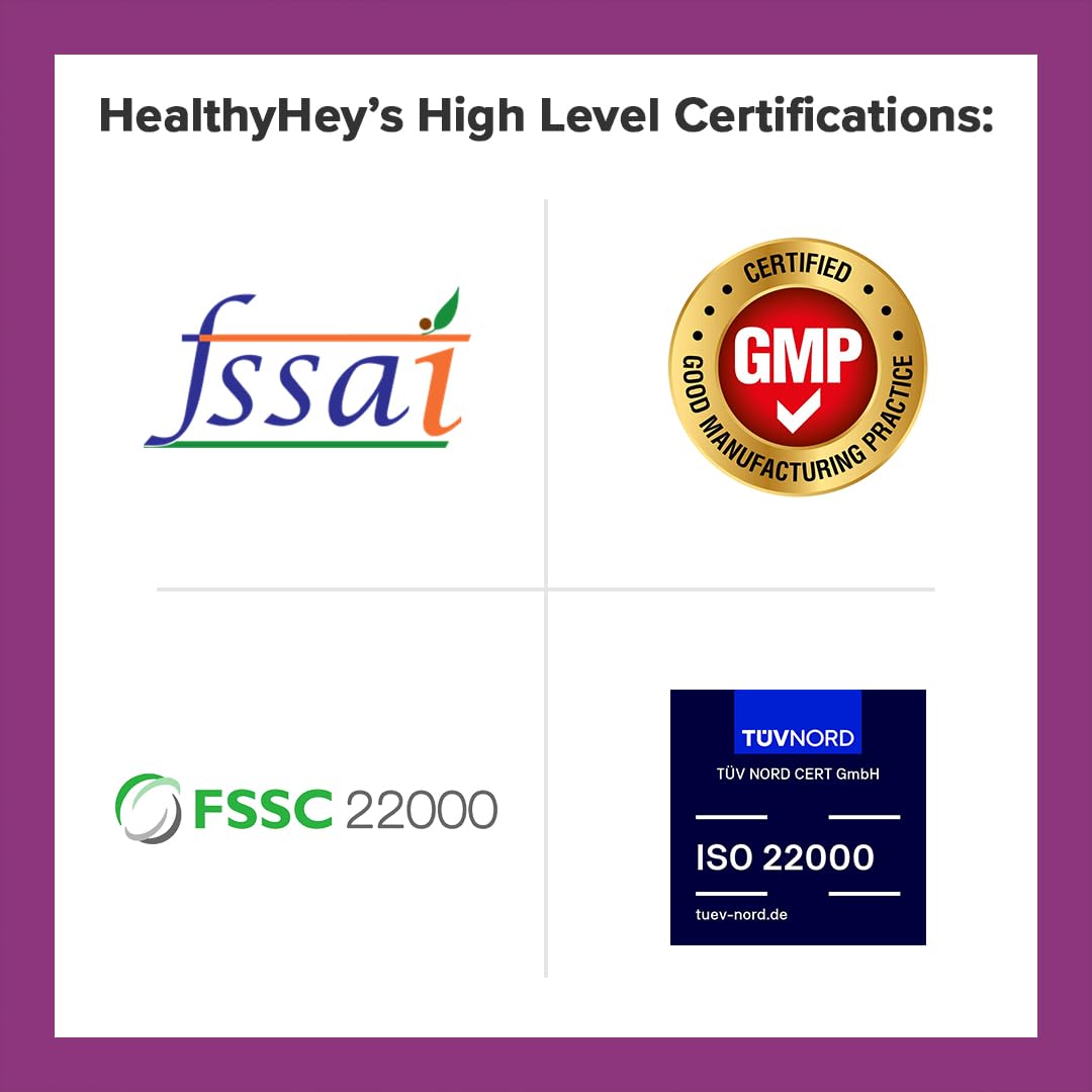 Certifications of HealthyHey displayed on a white background with a purple border