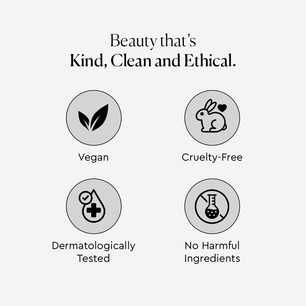 Icons representing vegan, cruelty-free, dermatologically tested, and no harmful ingredients on a white background.