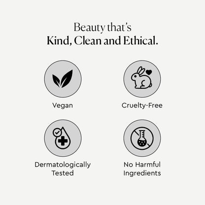 Icons representing vegan, cruelty-free, dermatologically tested, and no harmful ingredients on a white background.