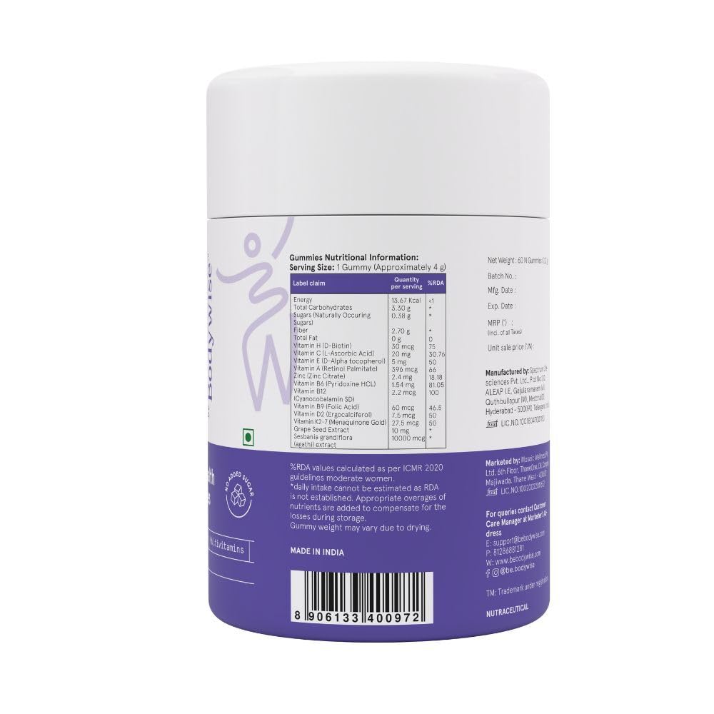 Be Bodywise Biotin Hair Gummies | 60 Days Pack | With Biotin, Zinc, Folic Acid, Fibre & Multivitamin | Strawberry Flavour | No Added Refined Sugar & Gut Friendly