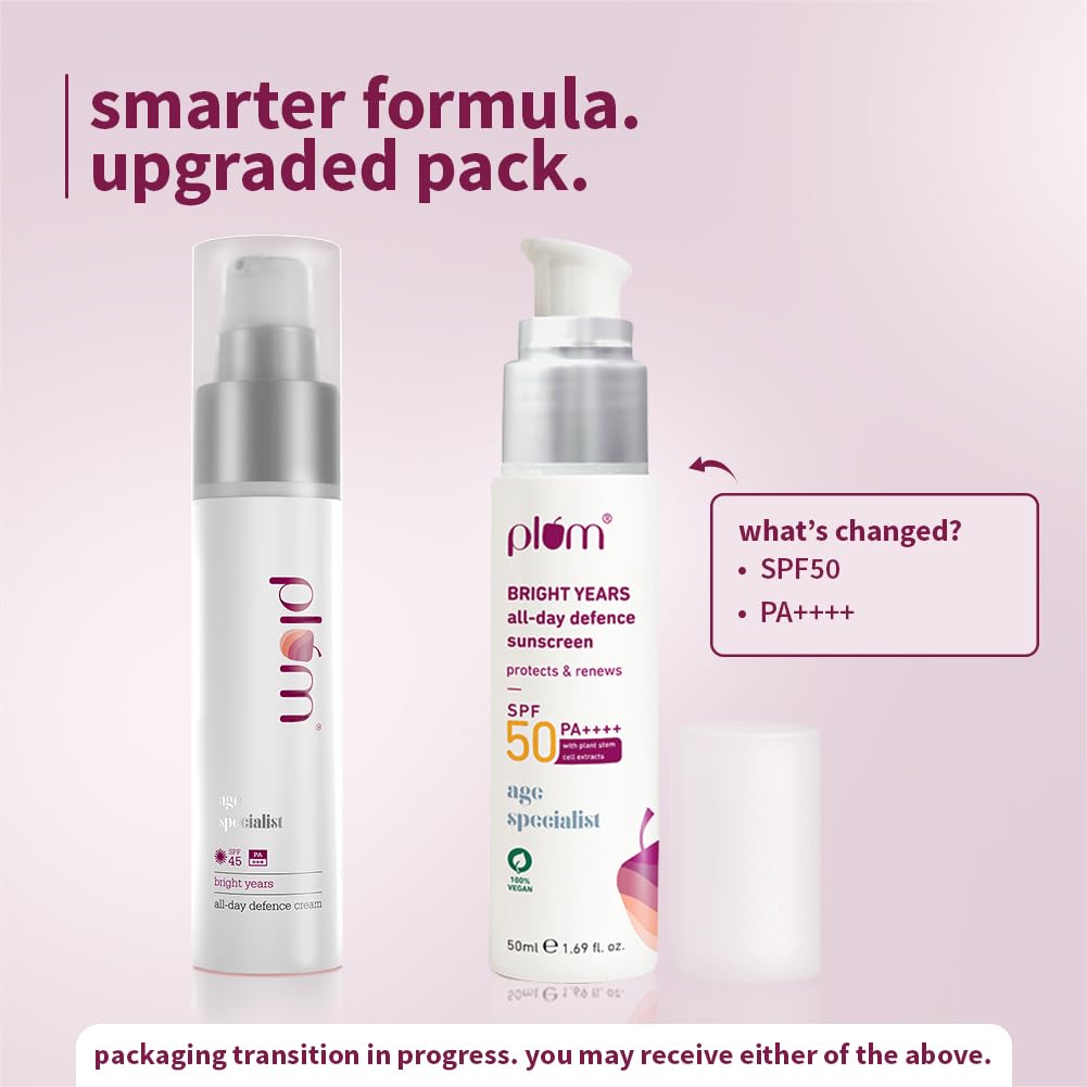 Plum Bright Years All Day Defence Cream SPF 50 PA+++| Sun Protection | For Ageing Skin | 100% Vegan, Cruelty Free | 50ml