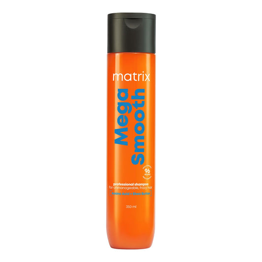 Orange shampoo bottle with black cap labeled 'Matrix Mega Smooth' on a white background