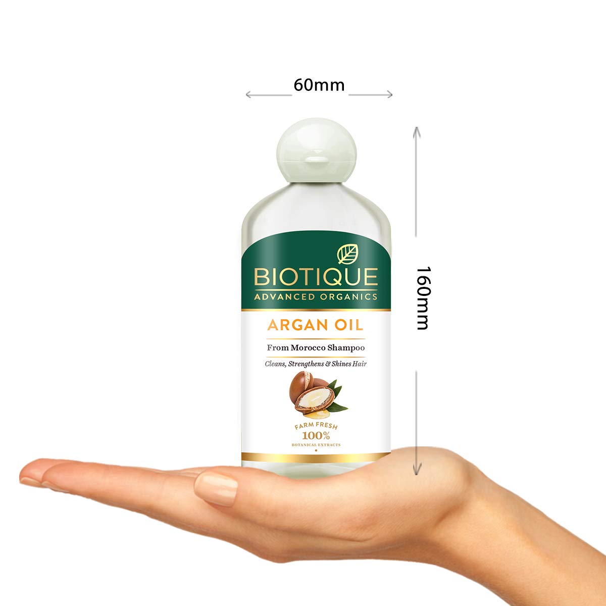 Biotique Argan Oil shampoo bottle shown on a hand with measurements