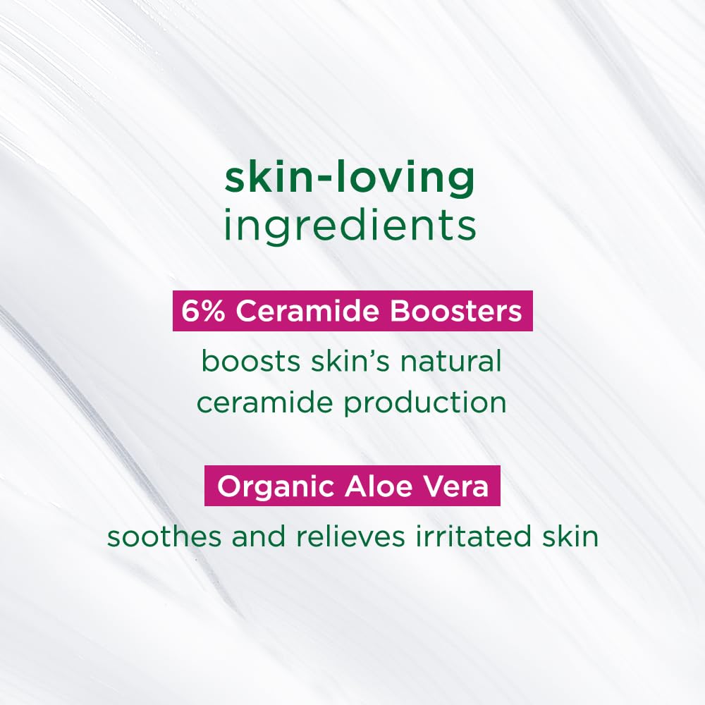 Text detailing skin-loving ingredients with 6% Ceramide Boosters and Organic Aloe Vera on a light gray background.