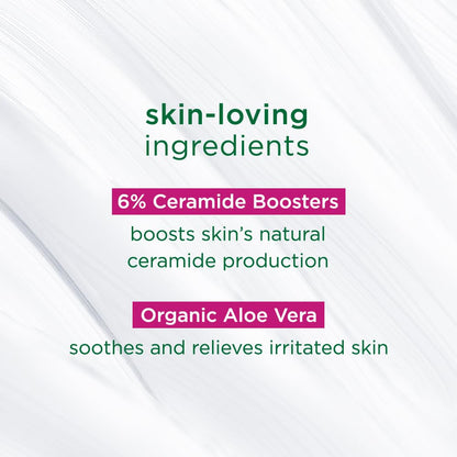 Text detailing skin-loving ingredients with 6% Ceramide Boosters and Organic Aloe Vera on a light gray background.