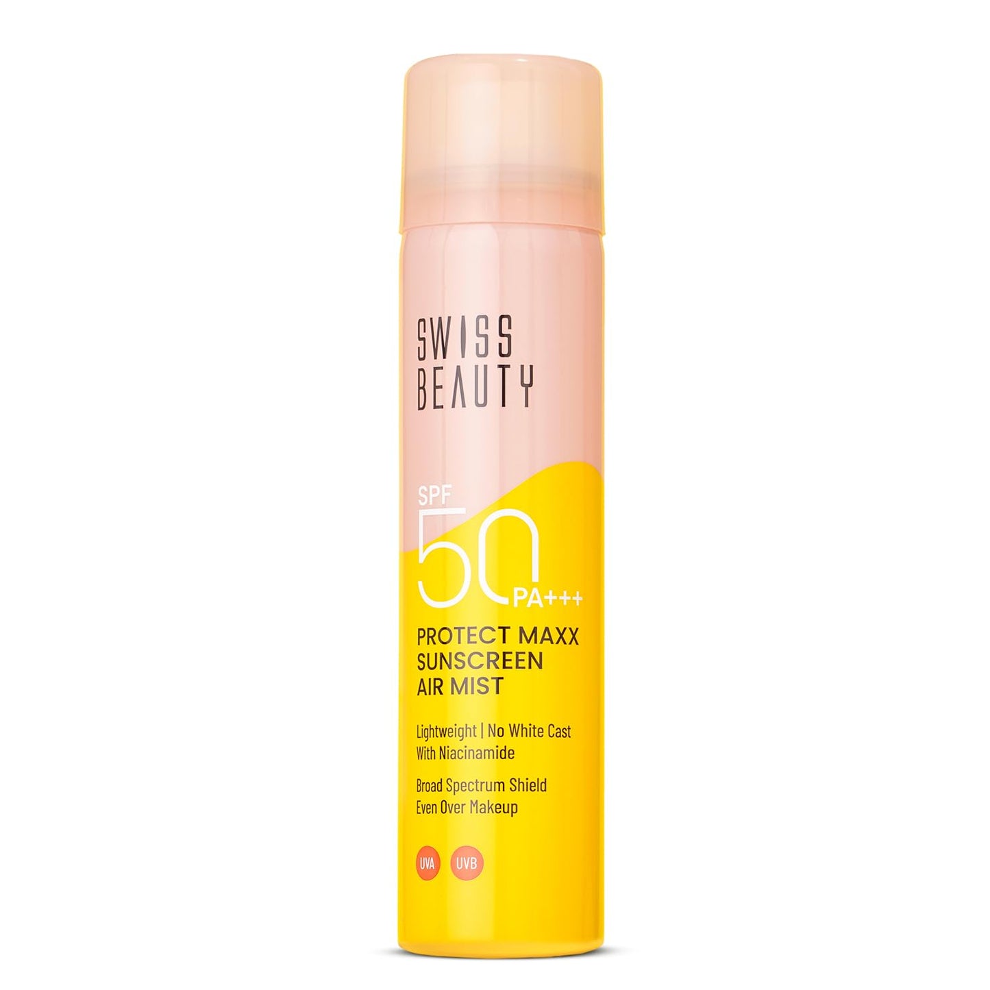 Swiss Beauty sunscreen air mist bottle on a white background
