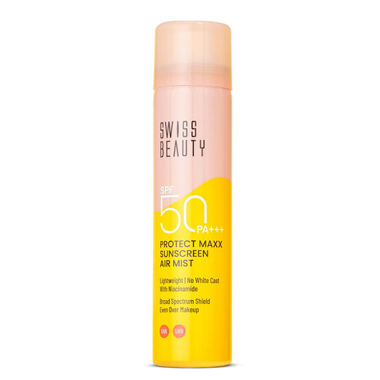 Swiss Beauty sunscreen air mist bottle on a white background