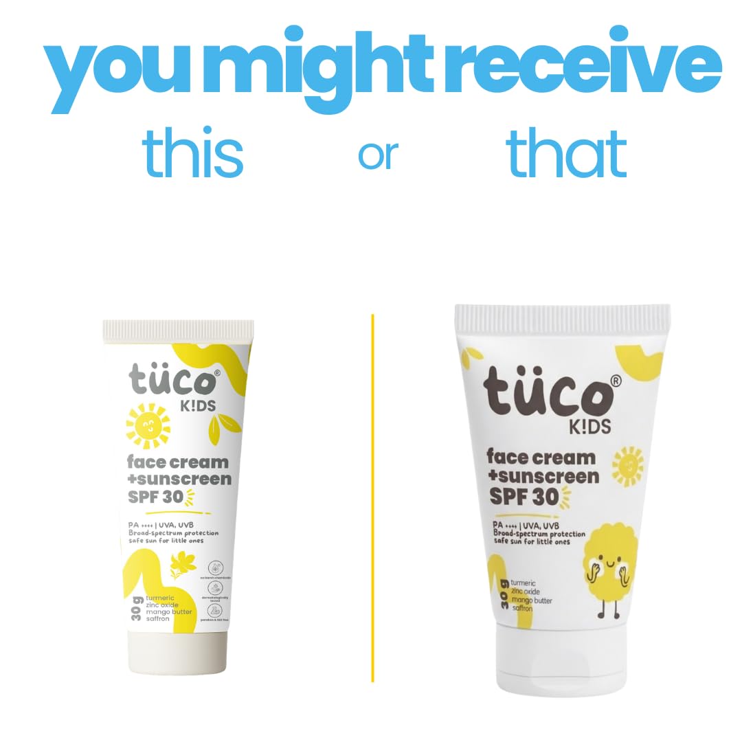 Two tubes of tüco Kids face cream and sunscreen on a white background with text 'you might receive this or that'.