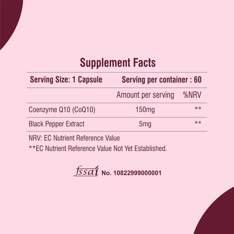 Supplement facts label with CoQ10 and Black Pepper Extract on a pink background