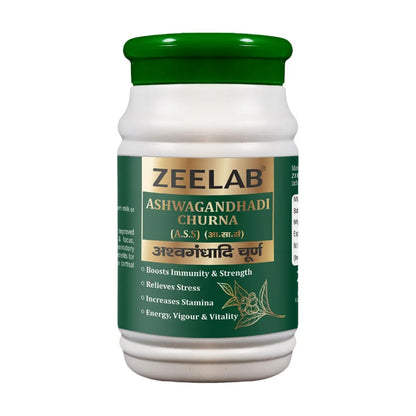 Zeelab Ashwagandhadi Churna container with green lid on a white background
