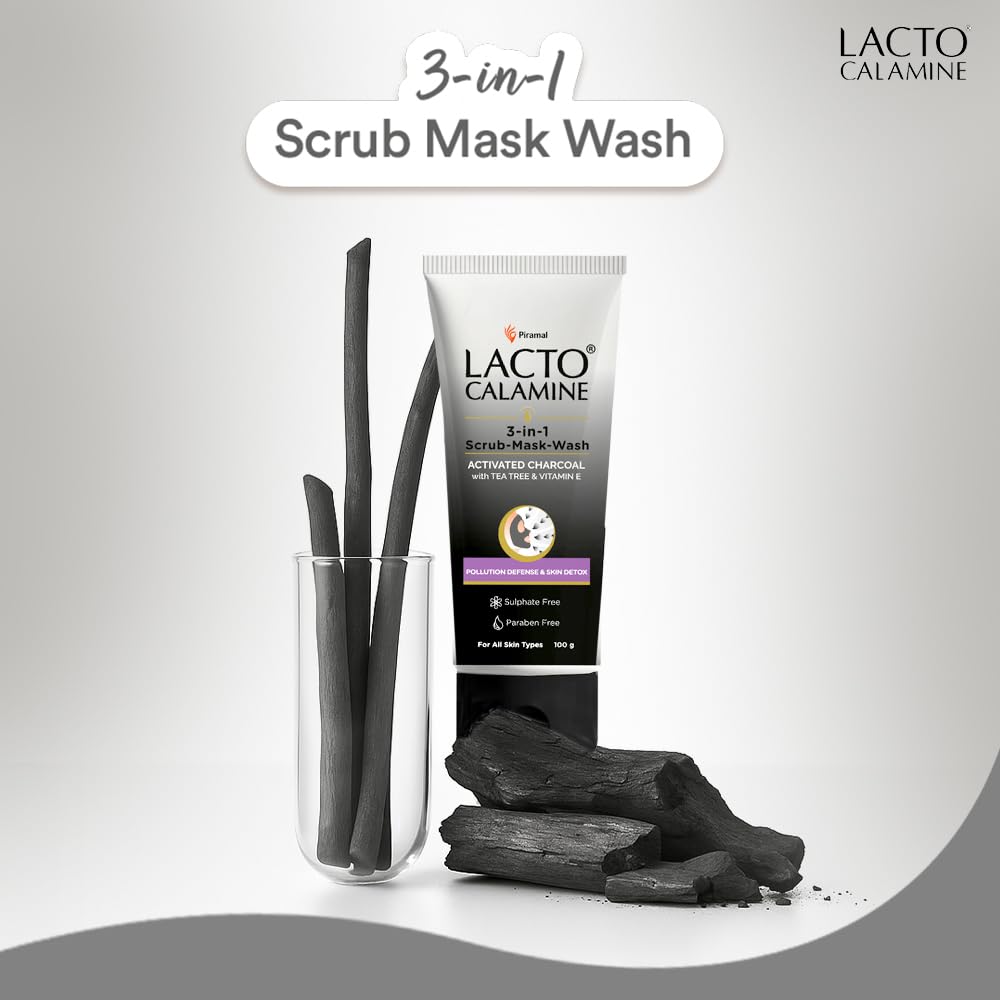 Lacto Calamine 3-in-1 Charcoal Face Scrub-Mask-Wash for Pollution Defence | 100 ml x 1 | Multi-action Encapsulated Charcoal Face Wash, Face Scrub, Face Mask with Kaolin Clay, Tea Tree Oil & Vitamin E