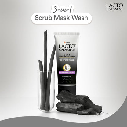 Lacto Calamine 3-in-1 Charcoal Face Scrub-Mask-Wash for Pollution Defence | 100 ml x 1 | Multi-action Encapsulated Charcoal Face Wash, Face Scrub, Face Mask with Kaolin Clay, Tea Tree Oil & Vitamin E