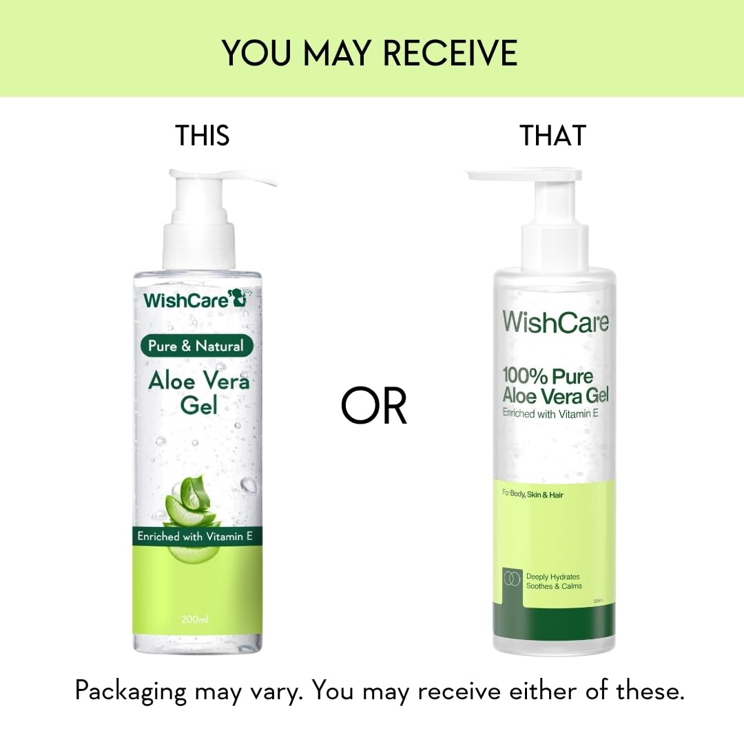 Two bottles of WishCare Aloe Vera Gel with text indicating possible packaging variations.