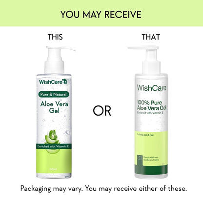 Two bottles of WishCare Aloe Vera Gel with text indicating possible packaging variations.