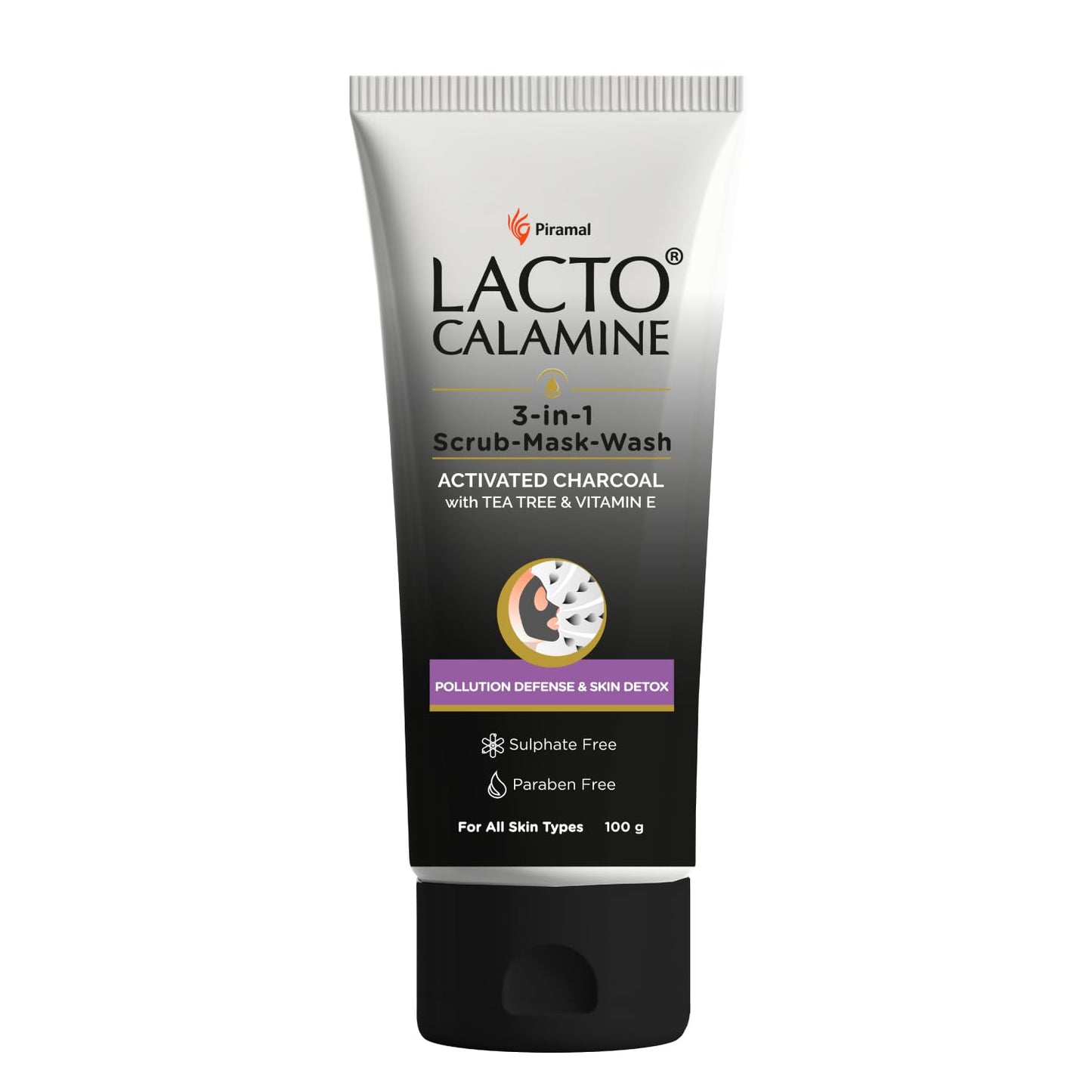 Lacto Calamine 3-in-1 Charcoal Face Scrub-Mask-Wash for Pollution Defence | 100 ml x 1 | Multi-action Encapsulated Charcoal Face Wash, Face Scrub, Face Mask with Kaolin Clay, Tea Tree Oil & Vitamin E