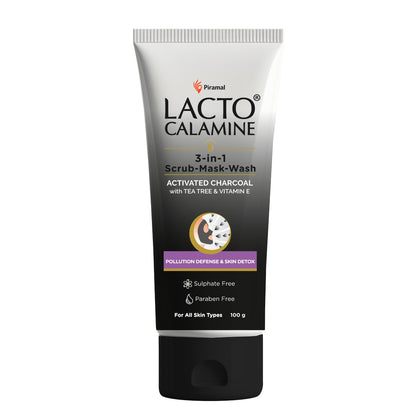 Lacto Calamine 3-in-1 Charcoal Face Scrub-Mask-Wash for Pollution Defence | 100 ml x 1 | Multi-action Encapsulated Charcoal Face Wash, Face Scrub, Face Mask with Kaolin Clay, Tea Tree Oil & Vitamin E
