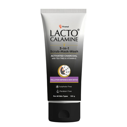 Lacto Calamine 3-in-1 Charcoal Face Scrub-Mask-Wash for Pollution Defence | 100 ml x 1 | Multi-action Encapsulated Charcoal Face Wash, Face Scrub, Face Mask with Kaolin Clay, Tea Tree Oil & Vitamin E